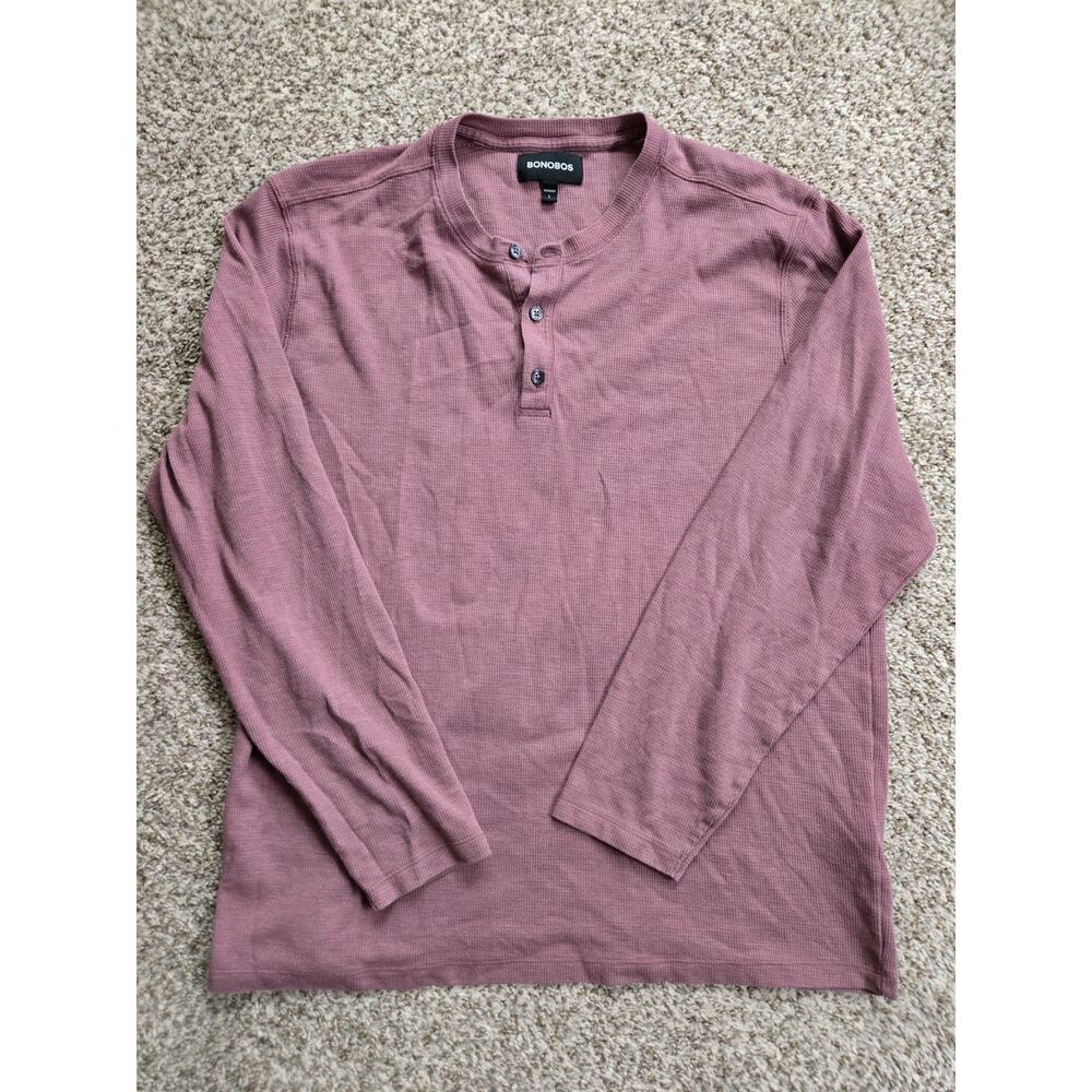 BONOBOS Standard Mens Large Mauve Pink Waffle Knit Button Henley Long Sleeve